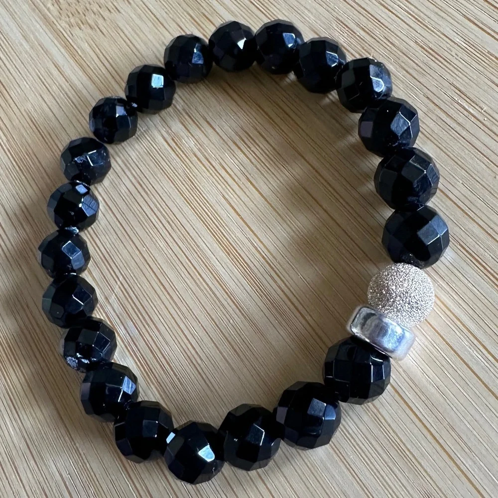 Polished Faceted 8mm Onyx Stretch Bracelet w/ 14k Gold Filled & Sterling Silver
